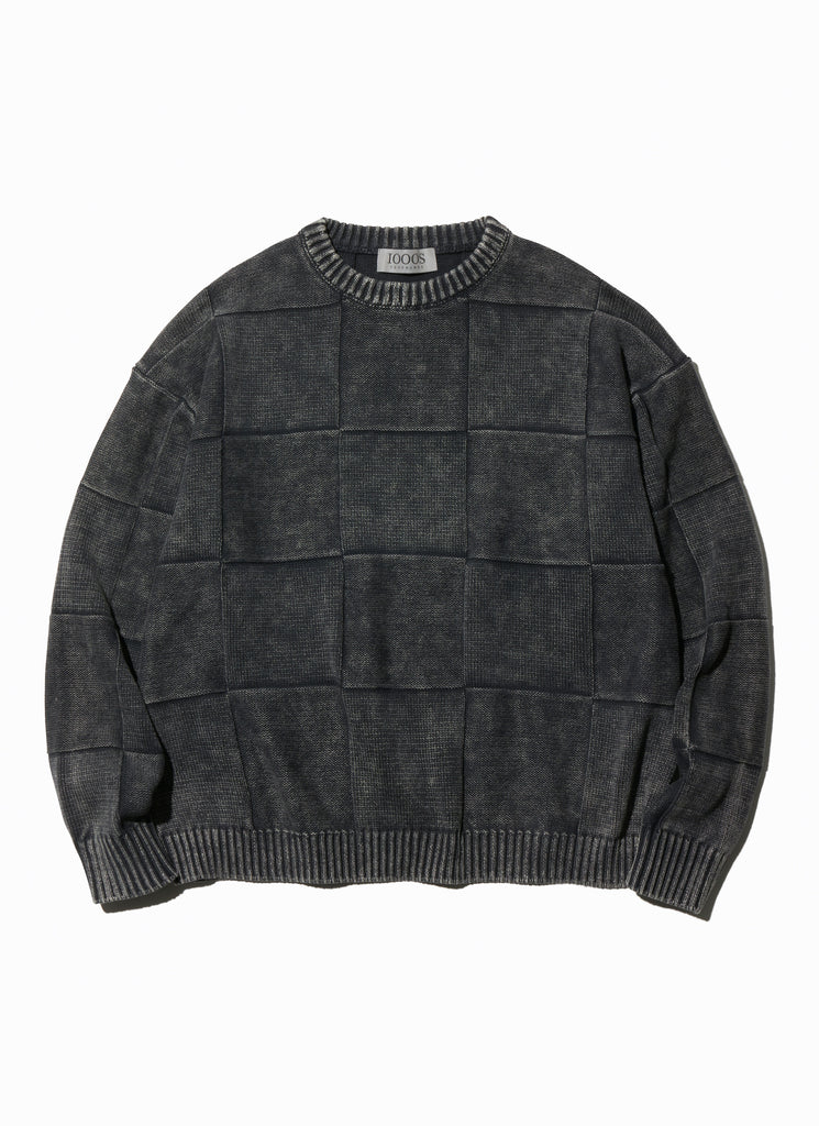 1000S "ACID WASH CHECKERED CREW NECK KNIT PULLOVER" GRAPHITE