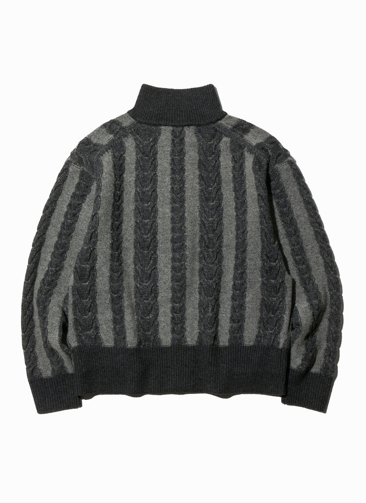 1000S "BI COLOR CABLE ZIP KNIT SWEATER" COAL X GRAY