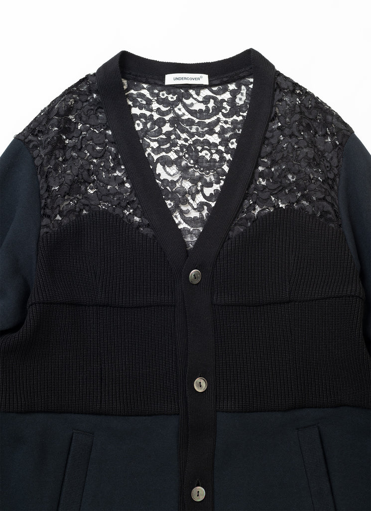 UNDERCOVER "LACE SWITCHING MIXED MEDIA CARDIGAN" BLACK