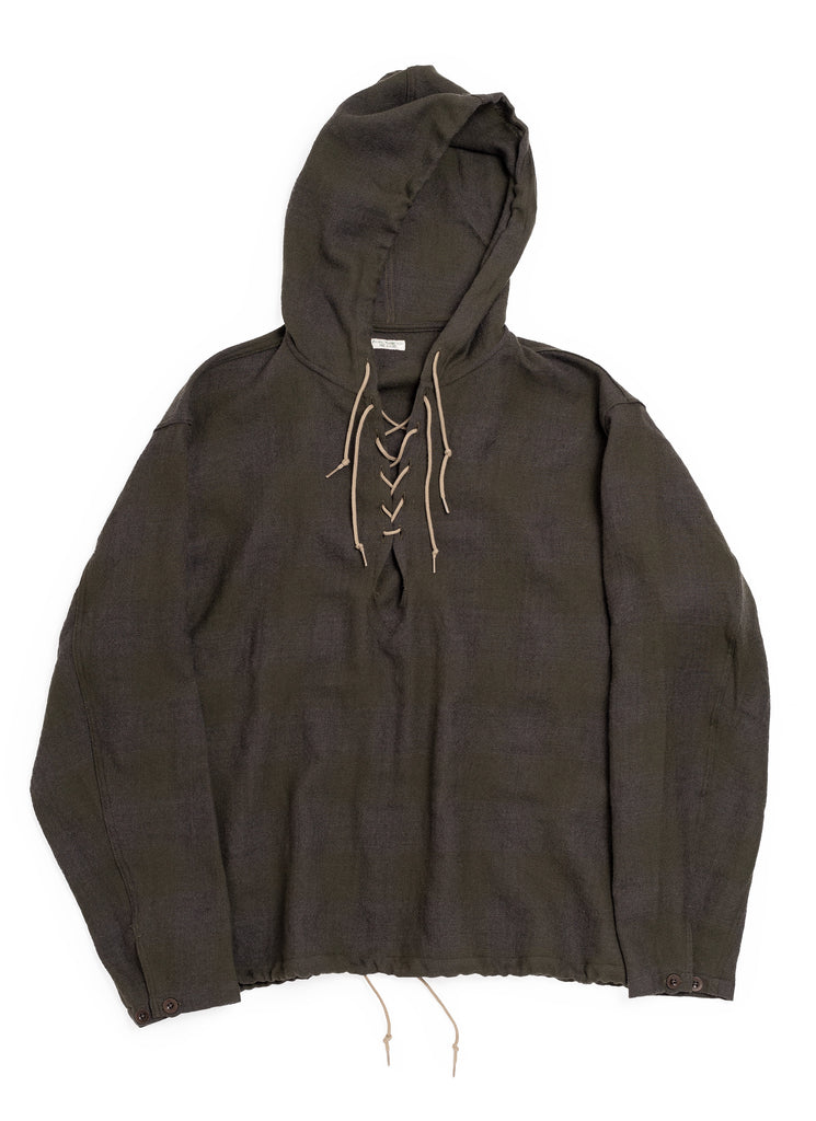 PHIGVEL MAKERS & CO "LACE UP WOOL HOODED SHIRT" OLIVE X GRAY